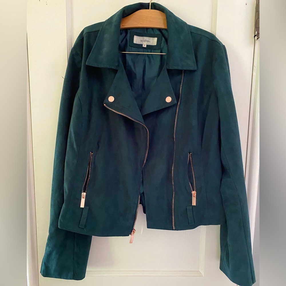 Wildflower Emerald Green Faux-Suede Moto Jacket with Rose Hold Hardware size M
